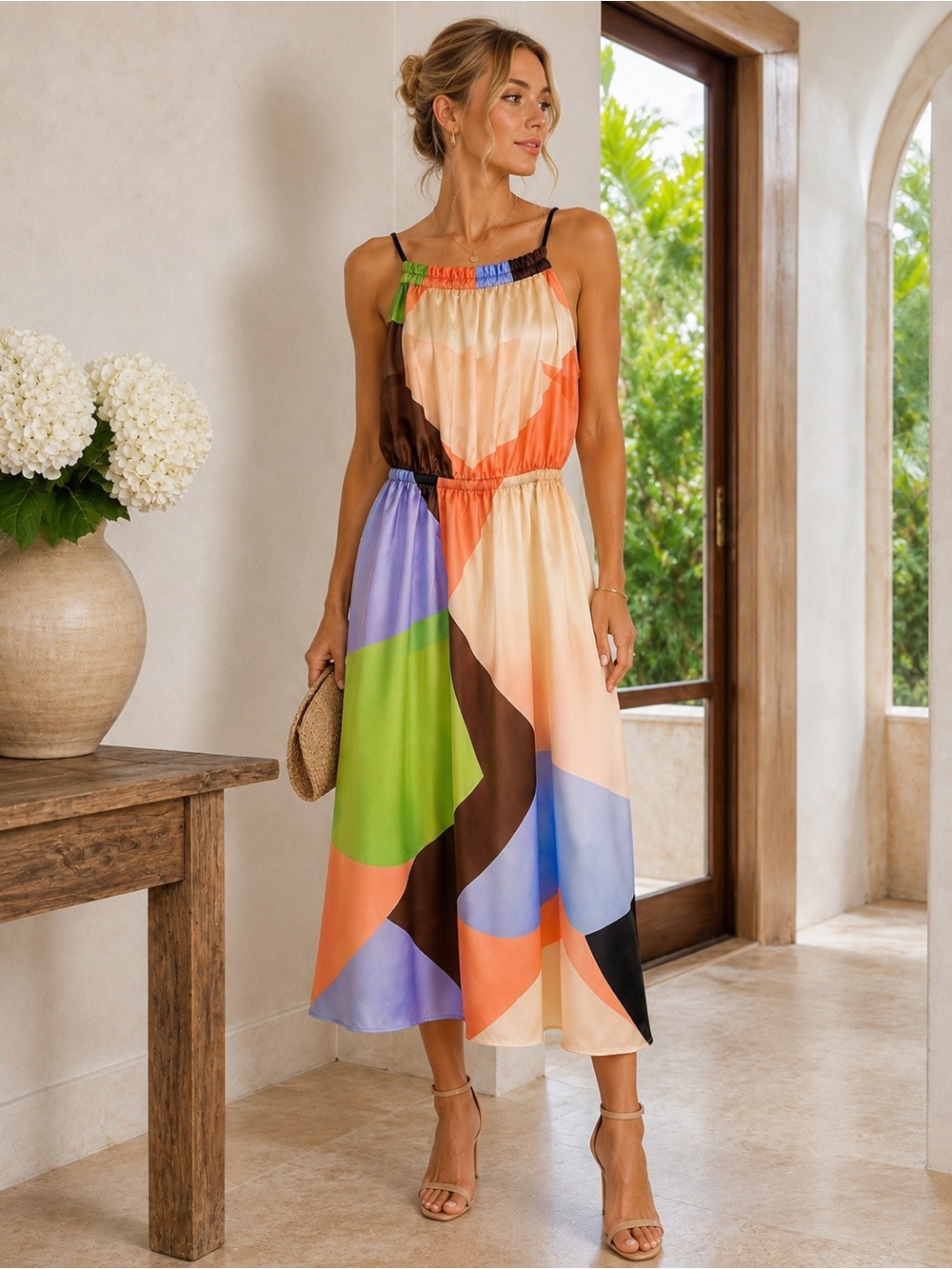 Banana Republic Multicolor Abstract Midi Dress in Cream, Green, Blue, Peach
